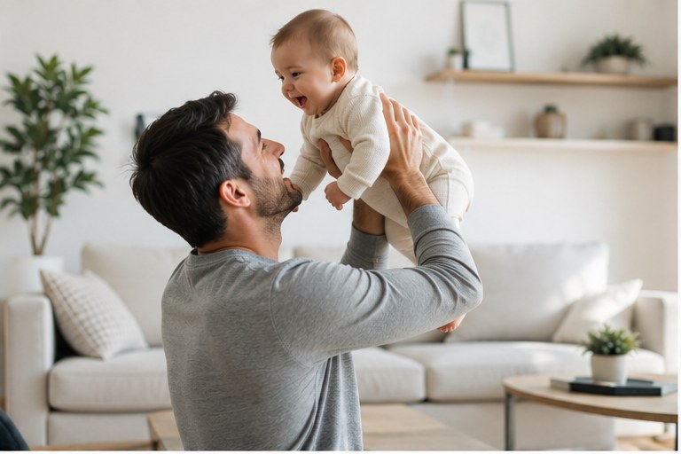 A father lifting his child joyfully in a sunlit living room