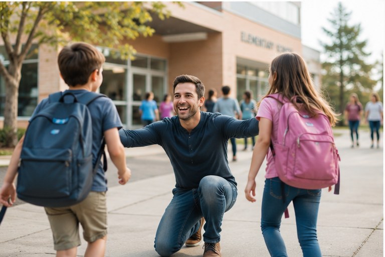 A father greets his two children at school pickup with open arms