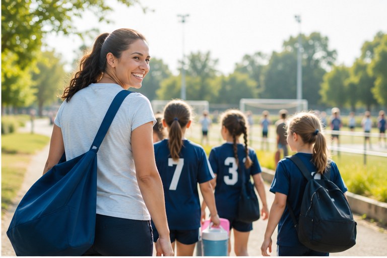 A mother walking children to a soccer game on a sunny afternoon